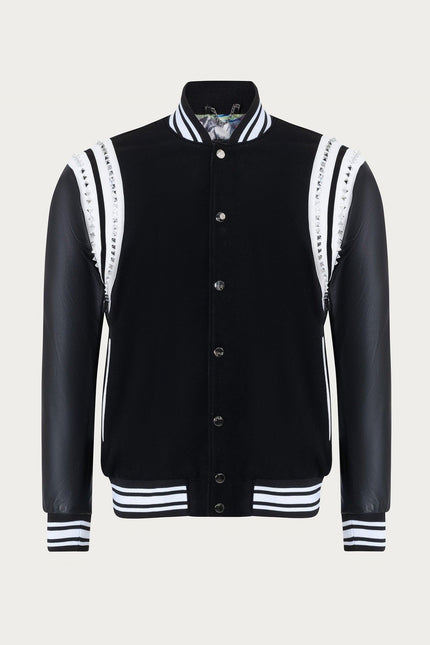Studded Mixed-Media Leather Varsity Jacket - Black