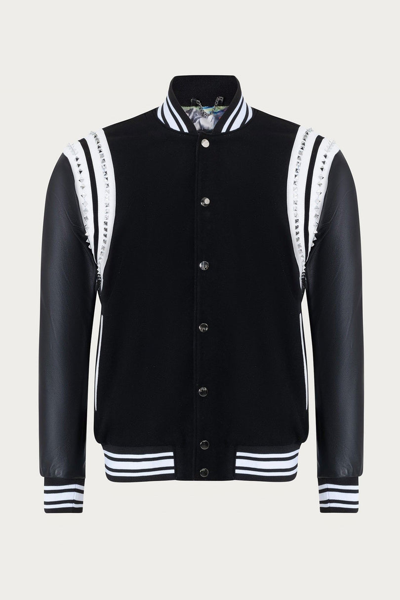 Studded Mixed-Media Leather Varsity Jacket - Black