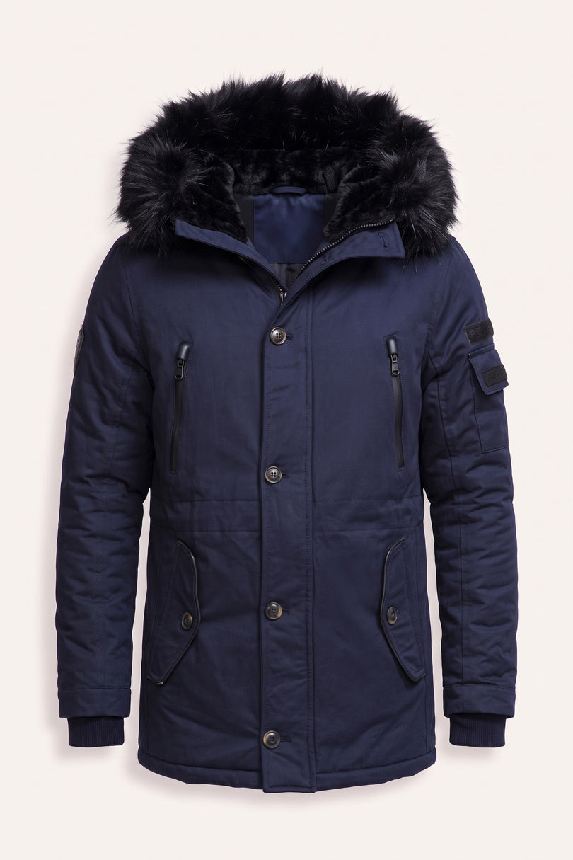 N° 71061 LONG LINE FAUX FUR ANORAK - NAVY - Front View