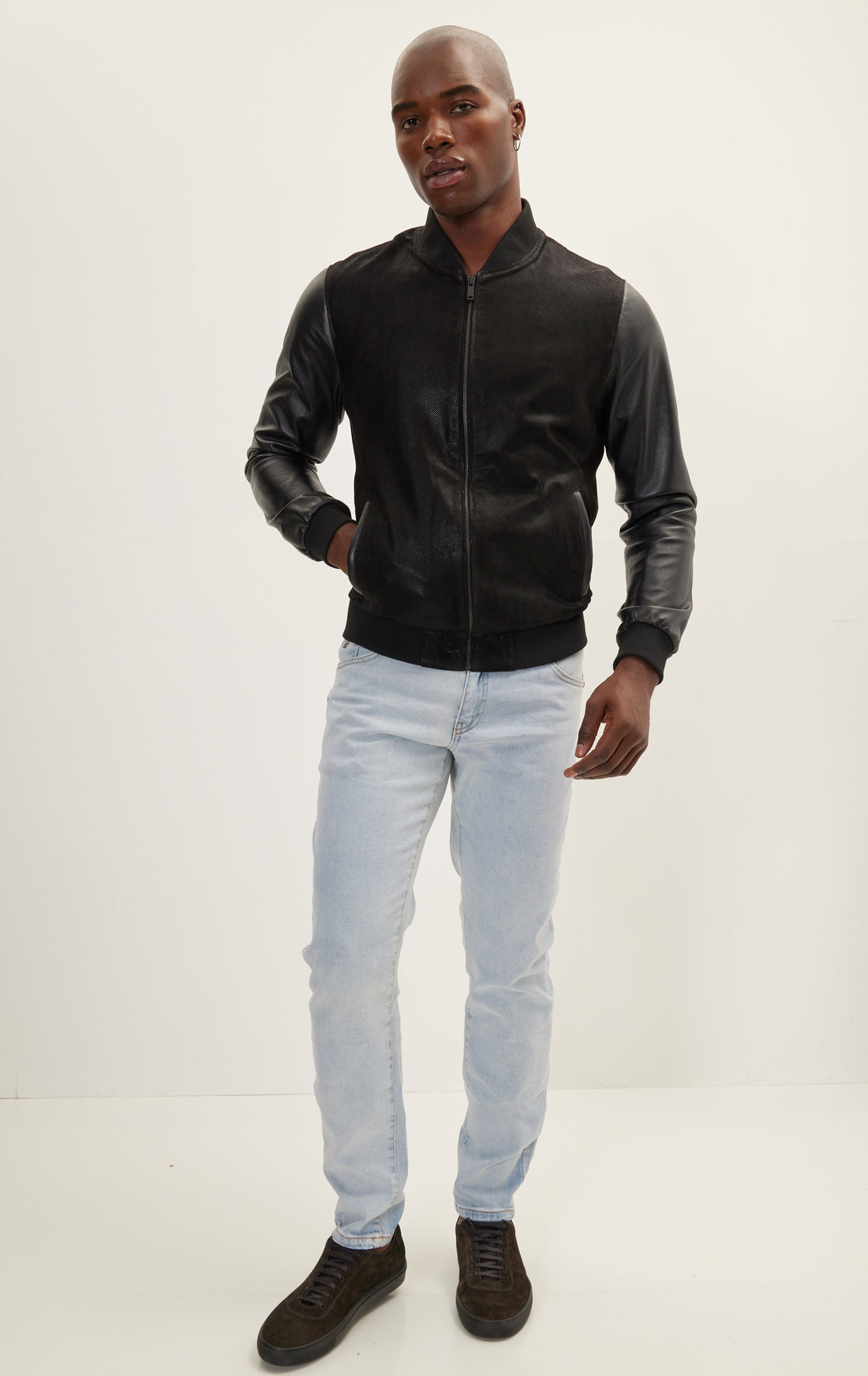 Mix Media Leather Classic Zip-Up Jacket - Black