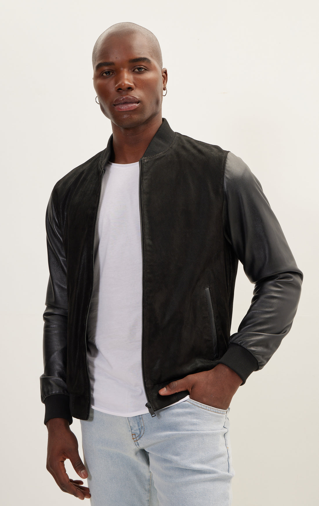 Mix Media Leather Classic Zip-Up Jacket - Black