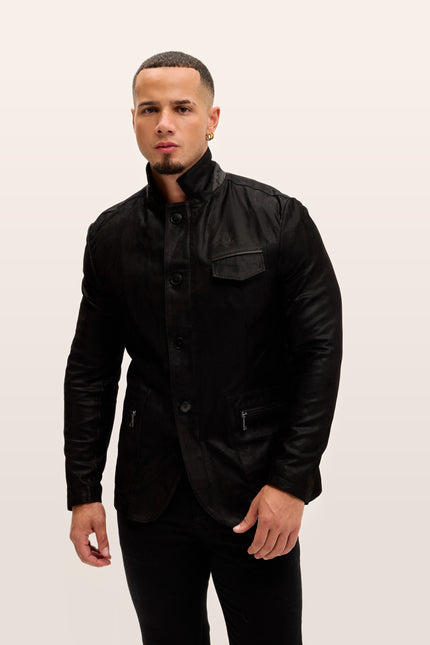 Mandarin Collar Lambskin Suede Jacket - Black