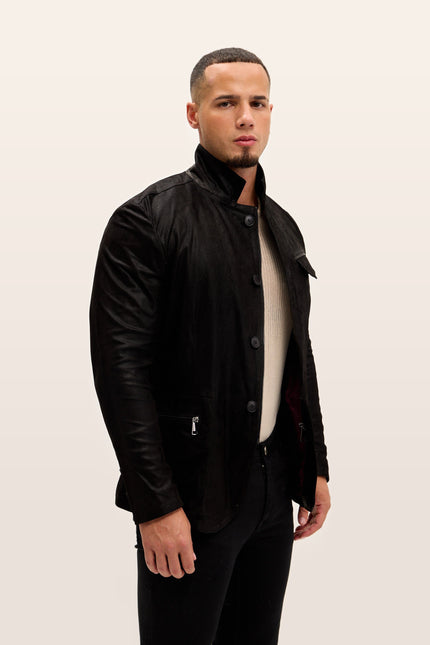 Mandarin Collar Lambskin Suede Jacket - Black