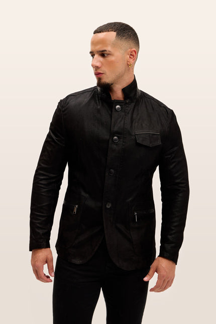 Mandarin Collar Lambskin Suede Jacket - Black