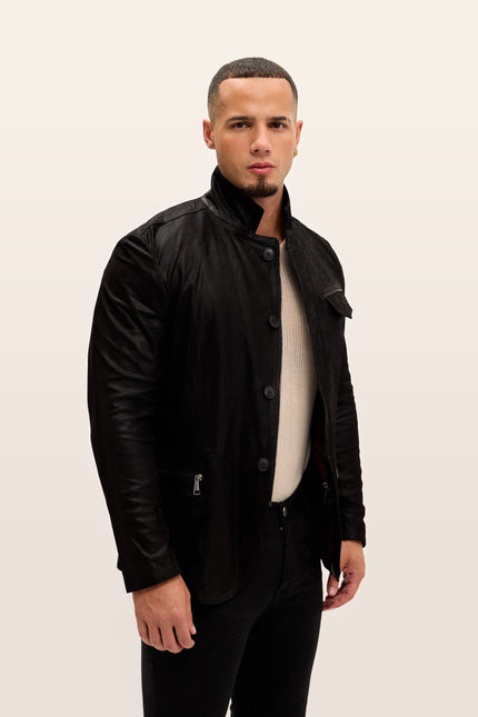 Mandarin Collar Lambskin Suede Jacket - Black