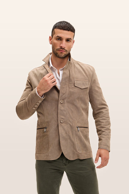 Mandarin Collar Lambskin Suede Jacket - Beige