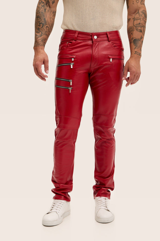 Multi-Zipper Nappa Lambskin Leather Pants - Red