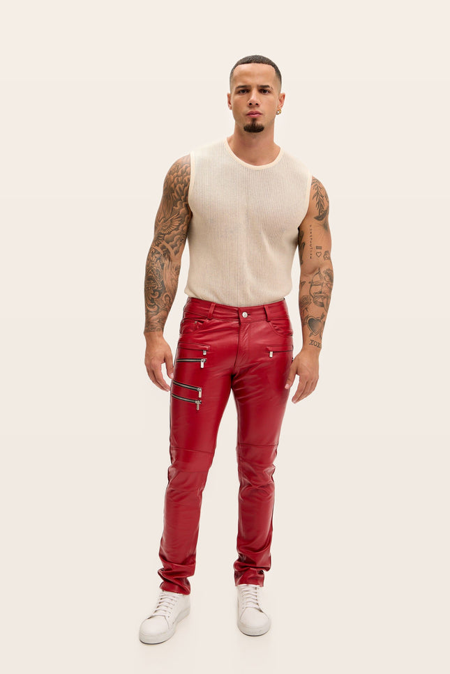 Multi-Zipper Nappa Lambskin Leather Pants - Red