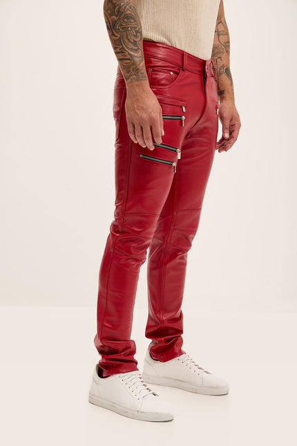 Multi-Zipper Nappa Lambskin Leather Pants - Red