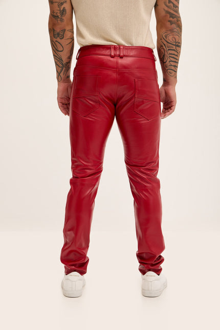Multi-Zipper Nappa Lambskin Leather Pants - Red