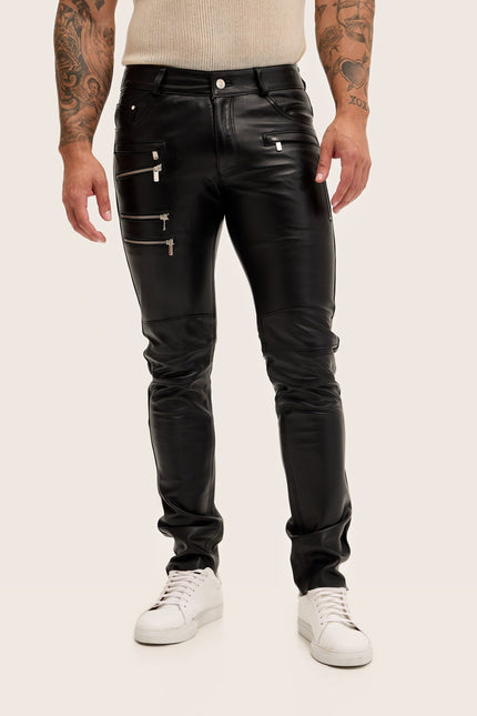 Multi-Zipper Nappa Lambskin Leather Pants - Black