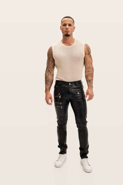 Multi-Zipper Nappa Lambskin Leather Pants - Black