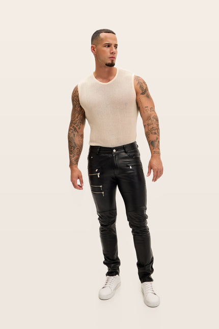 Multi-Zipper Nappa Lambskin Leather Pants - Black