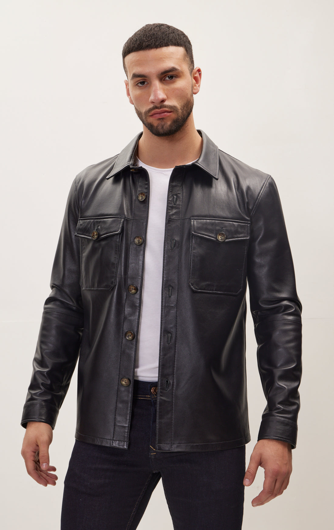 Button Closure Leather Shirt Jacket - Black