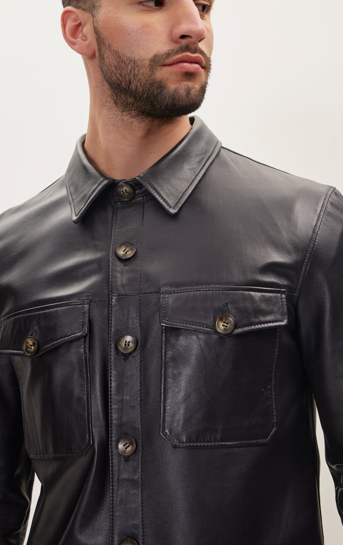 Button Closure Leather Shirt Jacket - Black