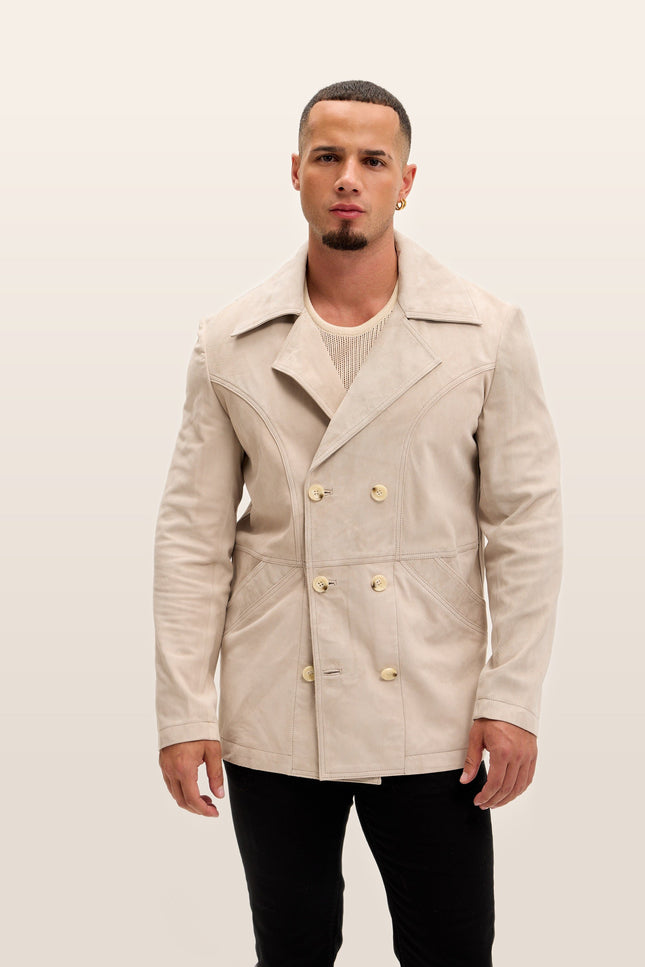 Double-Breasted Lambskin Suede Peacoat - Stone