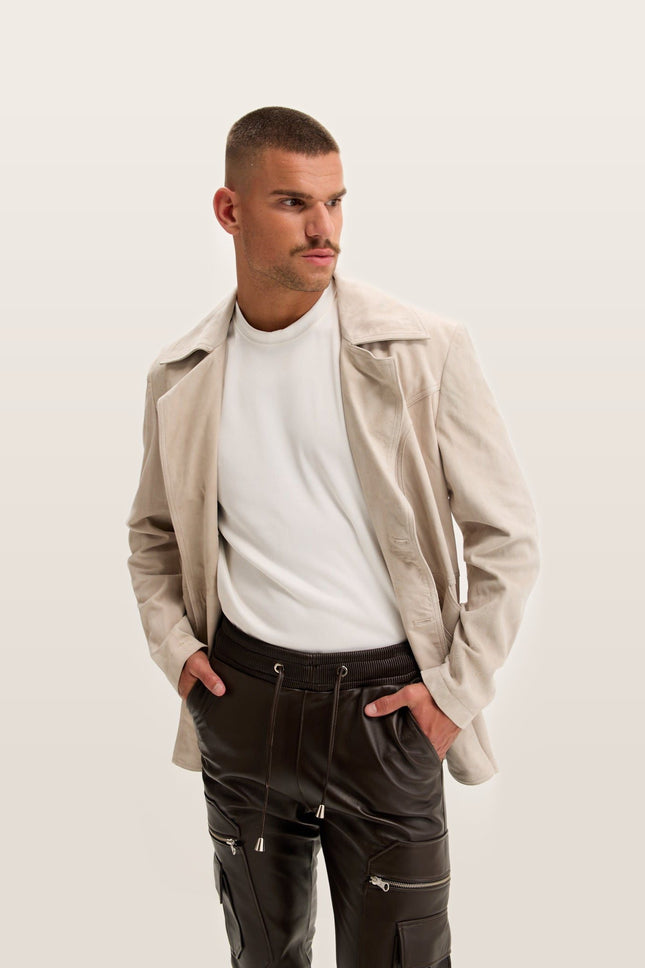 Double-Breasted Lambskin Suede Peacoat - Stone