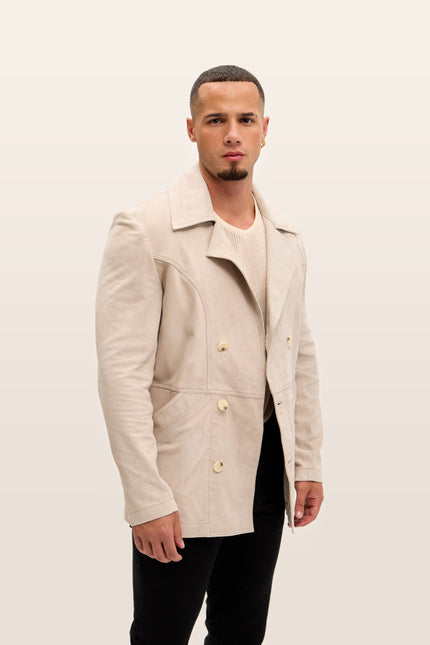 Double-Breasted Lambskin Suede Peacoat - Stone
