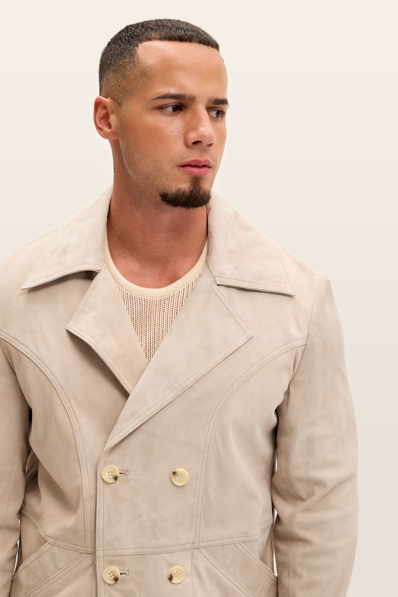 Double-Breasted Lambskin Suede Peacoat - Stone