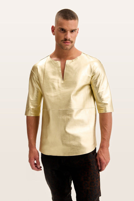 Lambskin Leather V-Neck Shirt - Gold