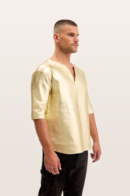 Lambskin Leather V-Neck Shirt - Gold