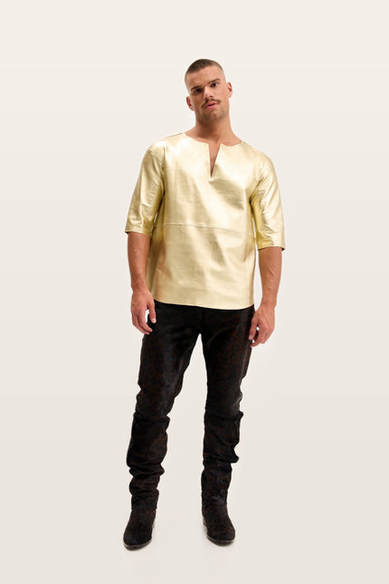 Lambskin Leather V-Neck Shirt - Gold