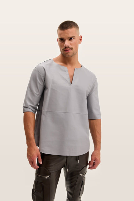 Lambskin Leather V-Neck Shirt - Grey