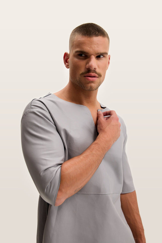 Lambskin Leather V-Neck Shirt - Grey