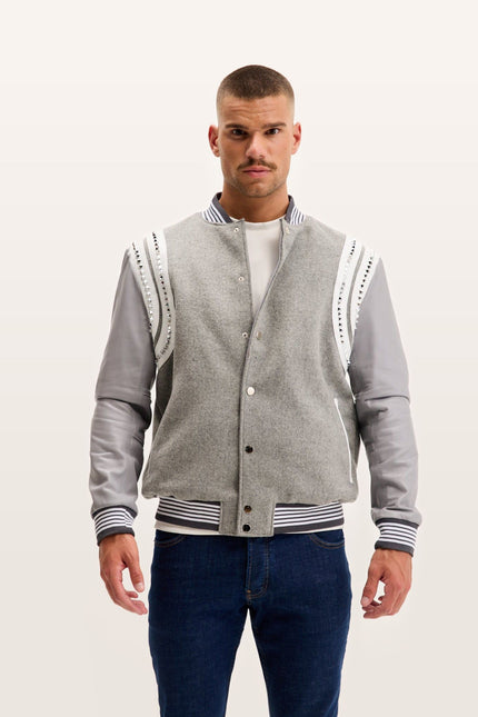 Studded Mixed-Media Leather Varsity Jacket - Grey