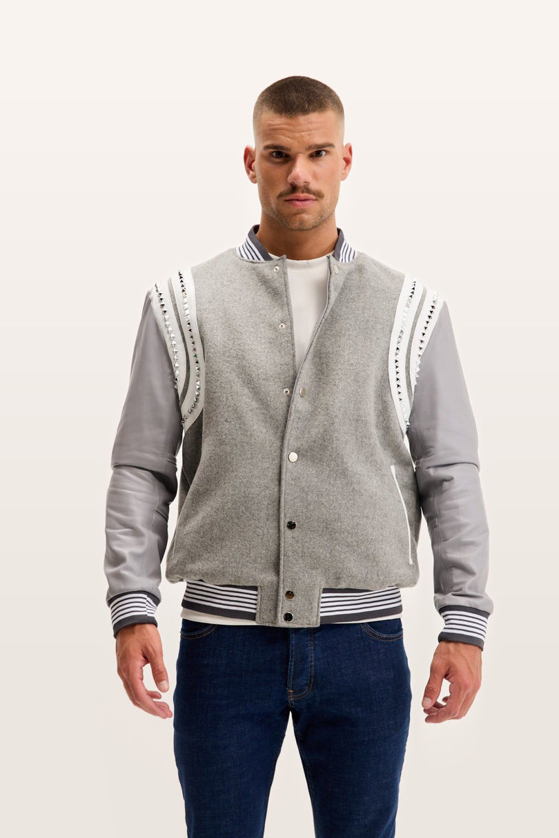 Studded Mixed-Media Leather Varsity Jacket - Grey