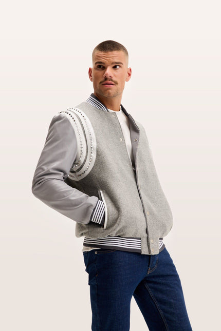 Studded Mixed-Media Leather Varsity Jacket - Grey
