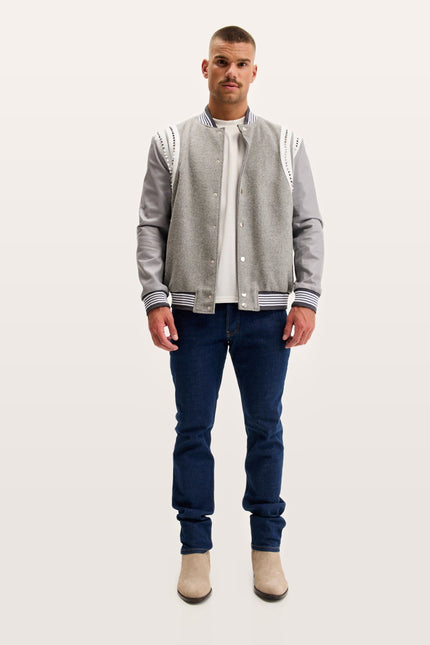 Studded Mixed-Media Leather Varsity Jacket - Grey