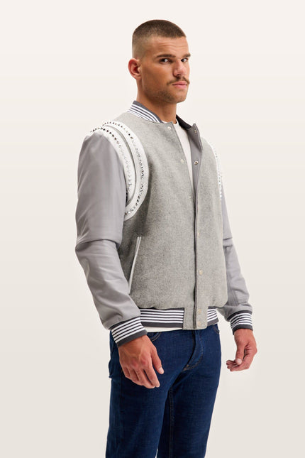 Studded Mixed-Media Leather Varsity Jacket - Grey