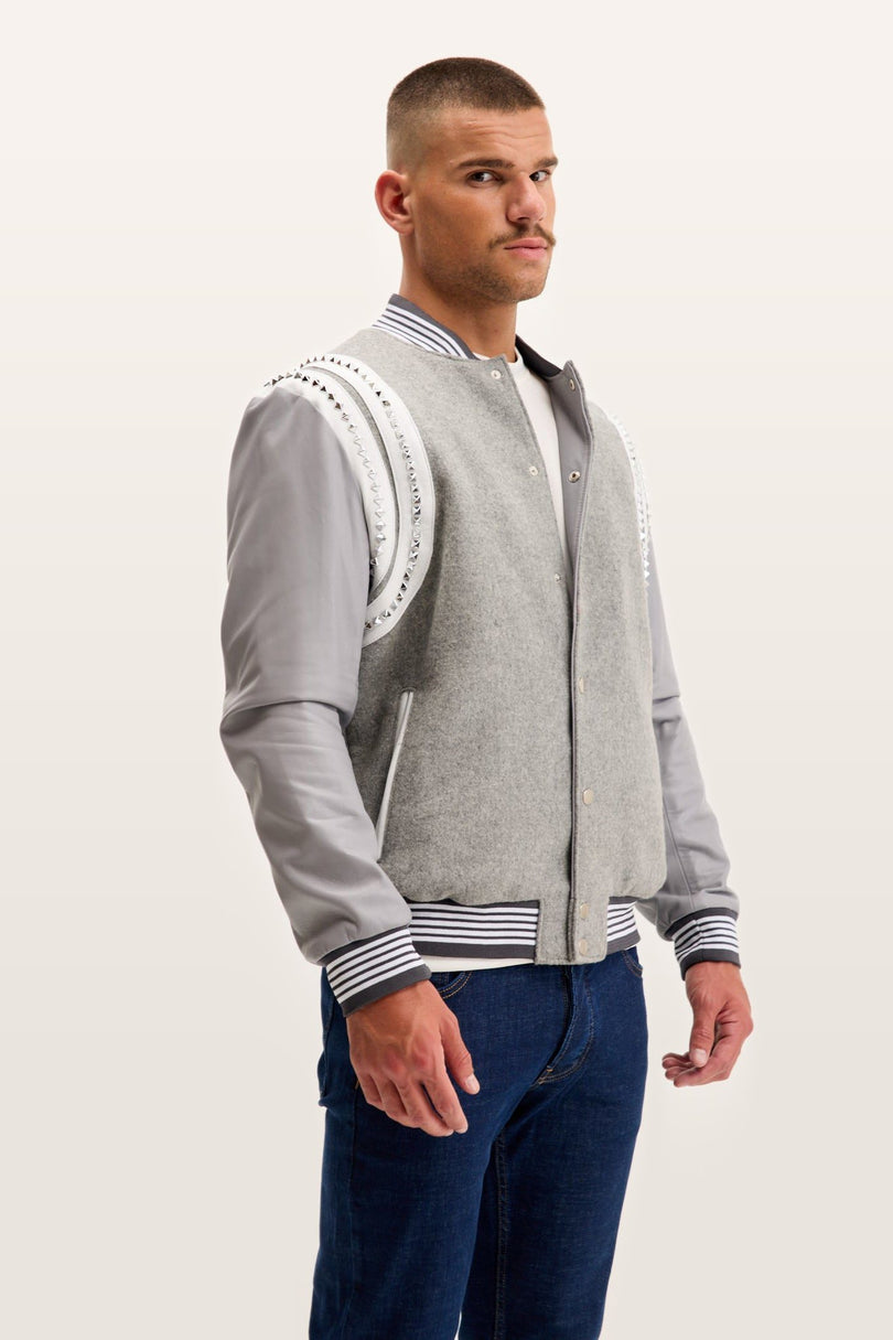 Studded Mixed-Media Leather Varsity Jacket - Grey