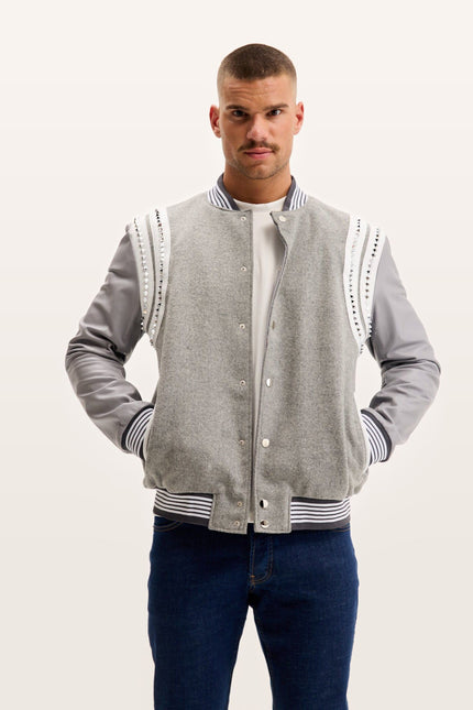 Studded Mixed-Media Leather Varsity Jacket - Grey