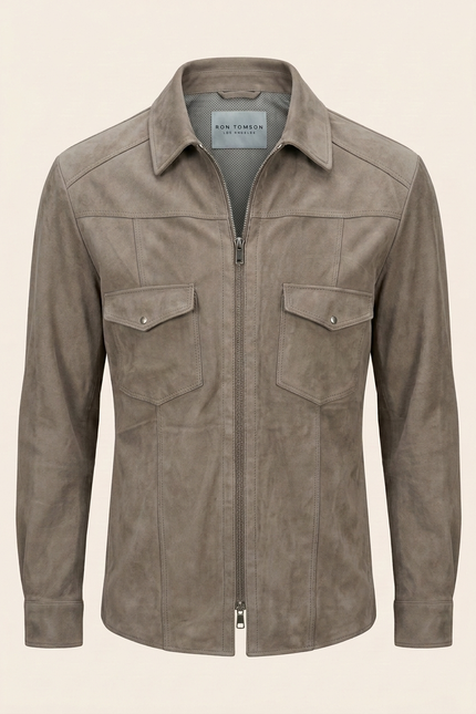 Men's Lambskin Suede Shirt Jacket - Grey | Ron Tomson