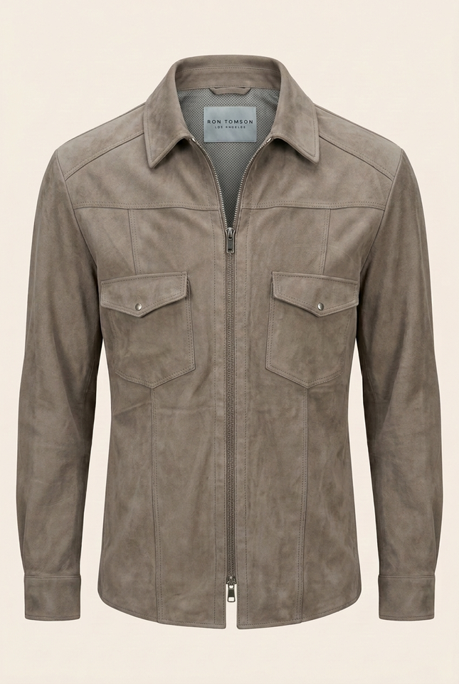 Men's Lambskin Suede Shirt Jacket - Grey | Ron Tomson