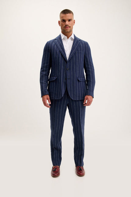 Pinstripe Linen Single-Breasted Suit - Dark Navy