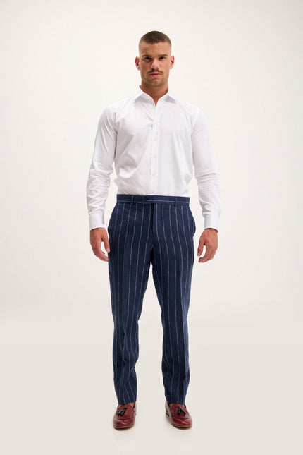 Pinstripe Linen Single-Breasted Suit - Dark Navy