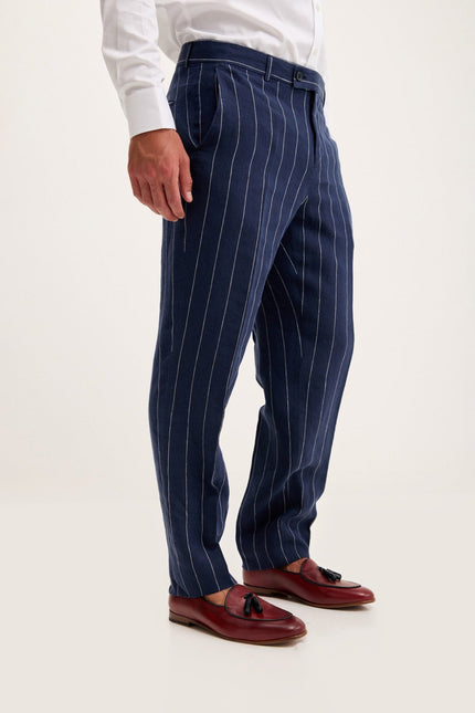 Pinstripe Linen Single-Breasted Suit - Dark Navy