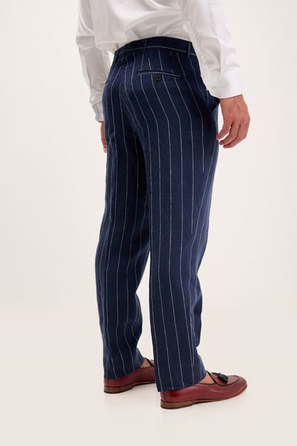 Pinstripe Linen Single-Breasted Suit - Dark Navy