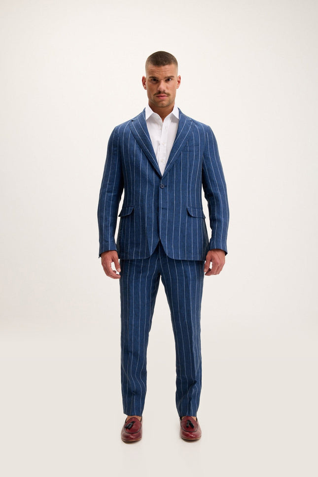 Pinstripe Linen Single-Breasted Suit - Navy
