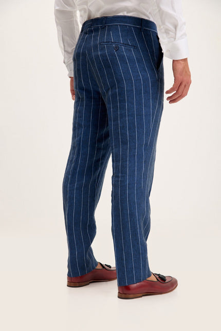 Pinstripe Linen Single-Breasted Suit - Navy