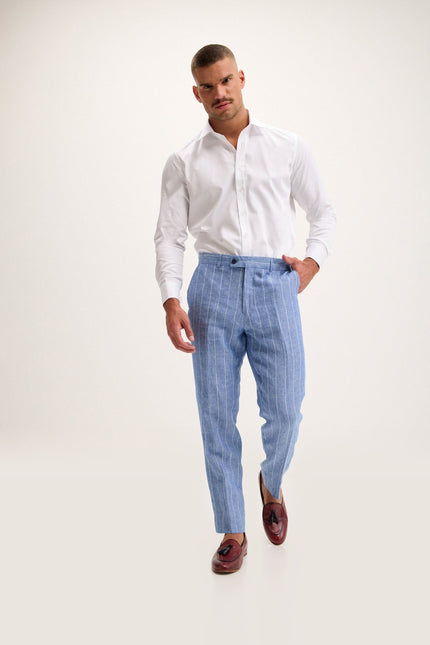 Pinstripe Linen Single-Breasted Suit - Blue