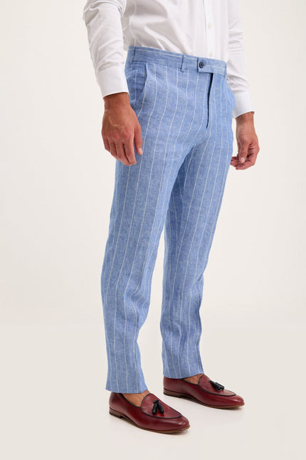 Pinstripe Linen Single-Breasted Suit - Blue