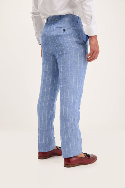 Pinstripe Linen Single-Breasted Suit - Blue