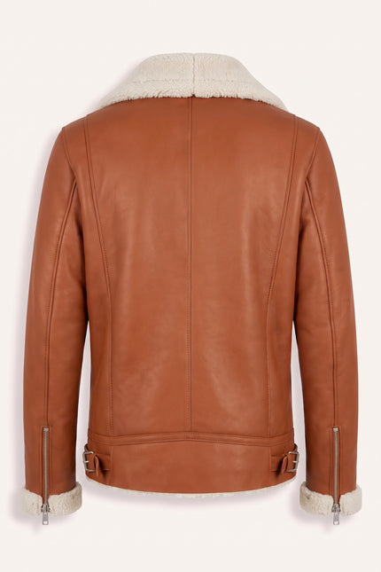 Vegan Shearling Biker Jacket - Brown - Back View