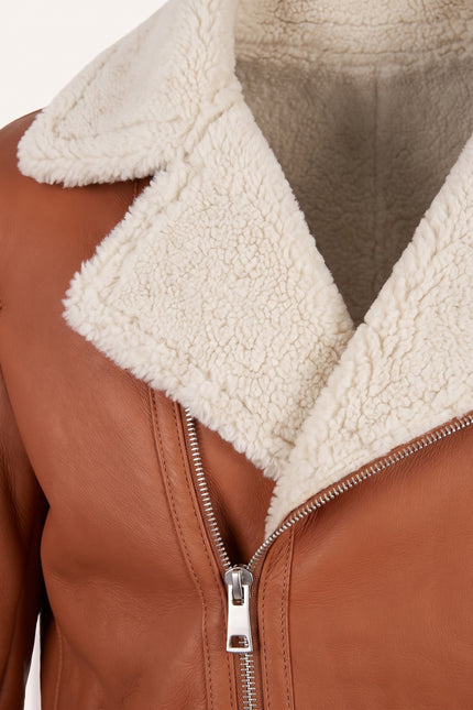 Vegan Shearling Biker Jacket - Brown - Detail View
