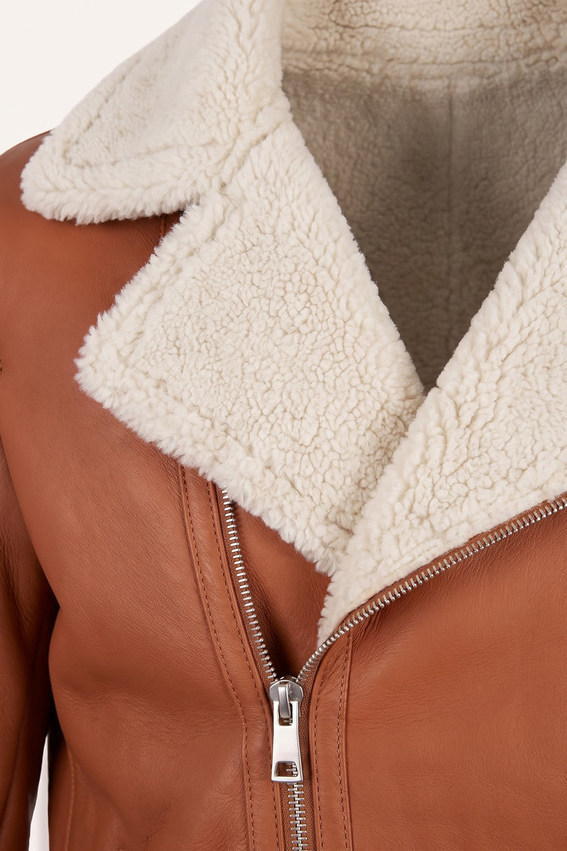Vegan Shearling Biker Jacket - Brown - Detail View