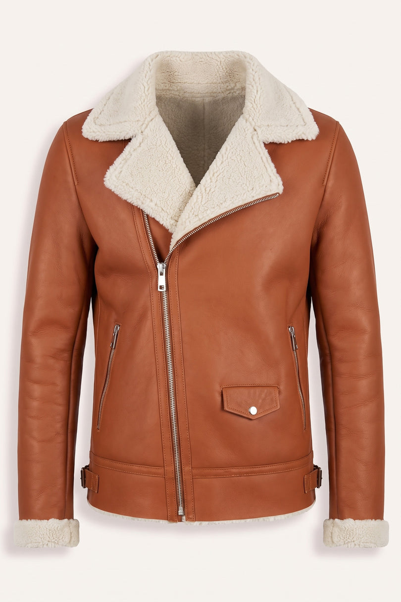 Vegan Shearling Biker Jacket - Brown - Front View